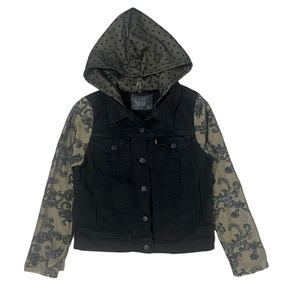 Levi’s Upcycled Black Jean Jacket Hooded Lace Filigree Sleeves Womens Medium